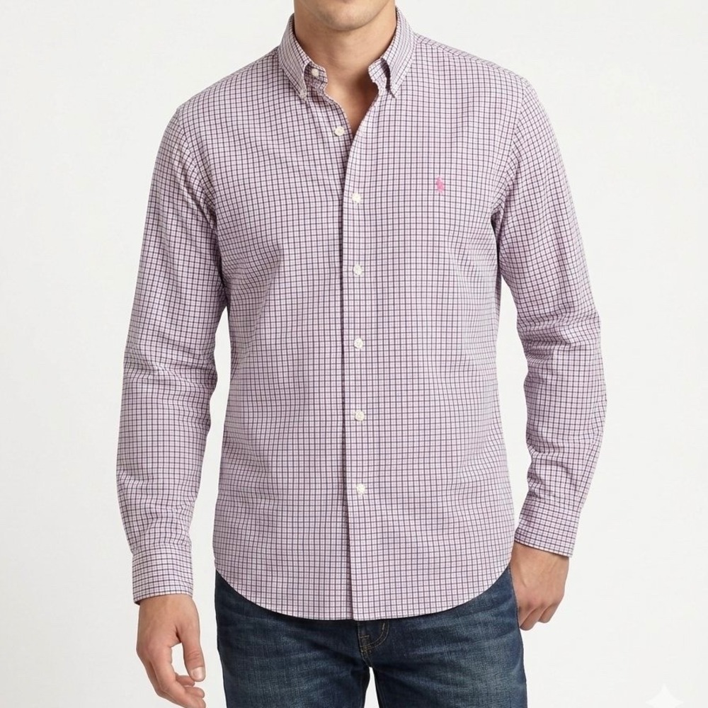 Ralph Lauren Classic Fit 100% Cotton Button Down Shirt Mens 17.5 34/35 Pink Navy